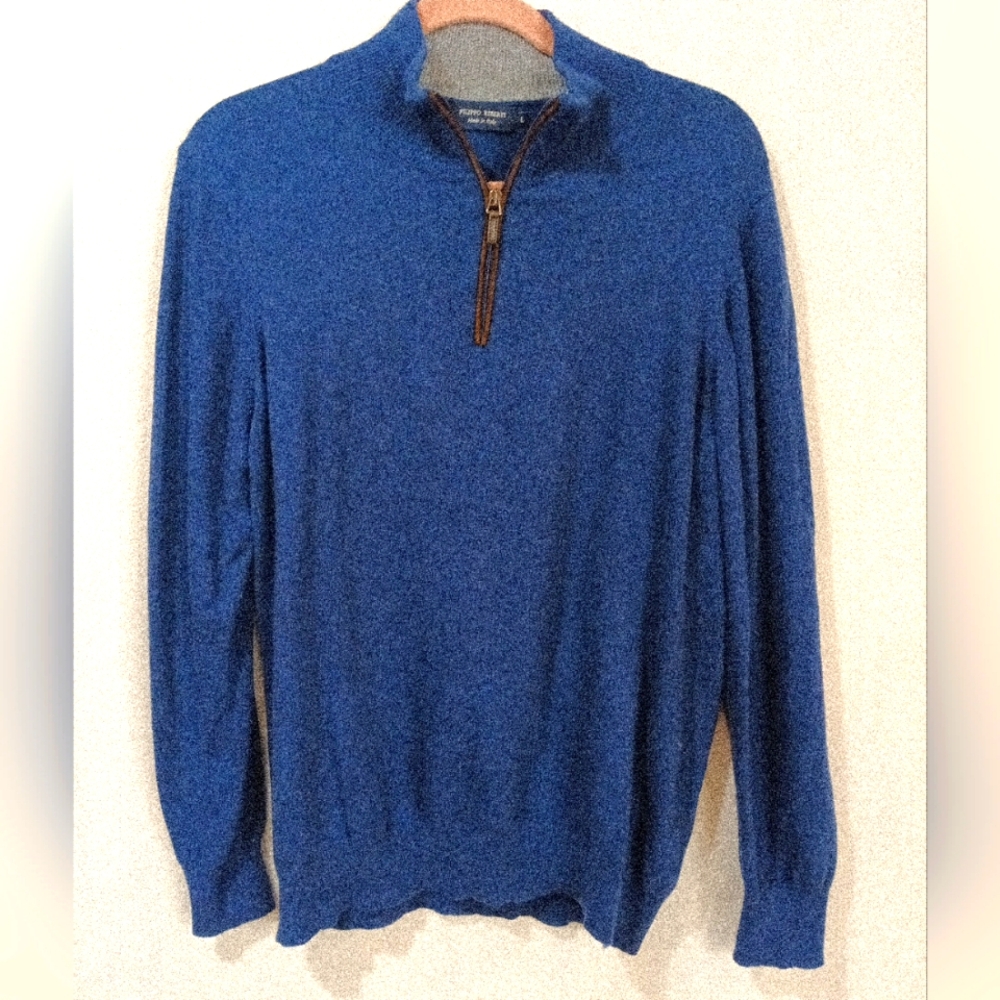 Filippo Riberti Dark Blue 1/4 Zip Long Sleeve Sweater Sz, L Wool Cashmere Blend